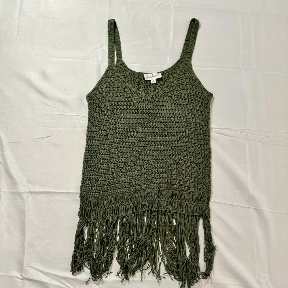 Olive Green Crochet Fringe Hem Tank Top Boho Festival Knit Women's Small Indie - Picture 10 of 11